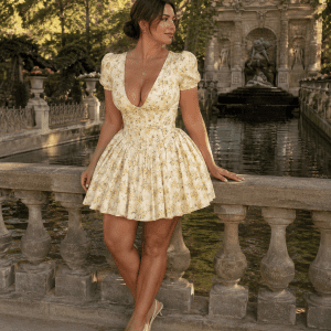 Femme élégante de 45 ans portant une robe patineuse fleurie jaune style corset devant la fontaine de Médicis au Jardin du Luxembourg à Paris pendant la golden hour.