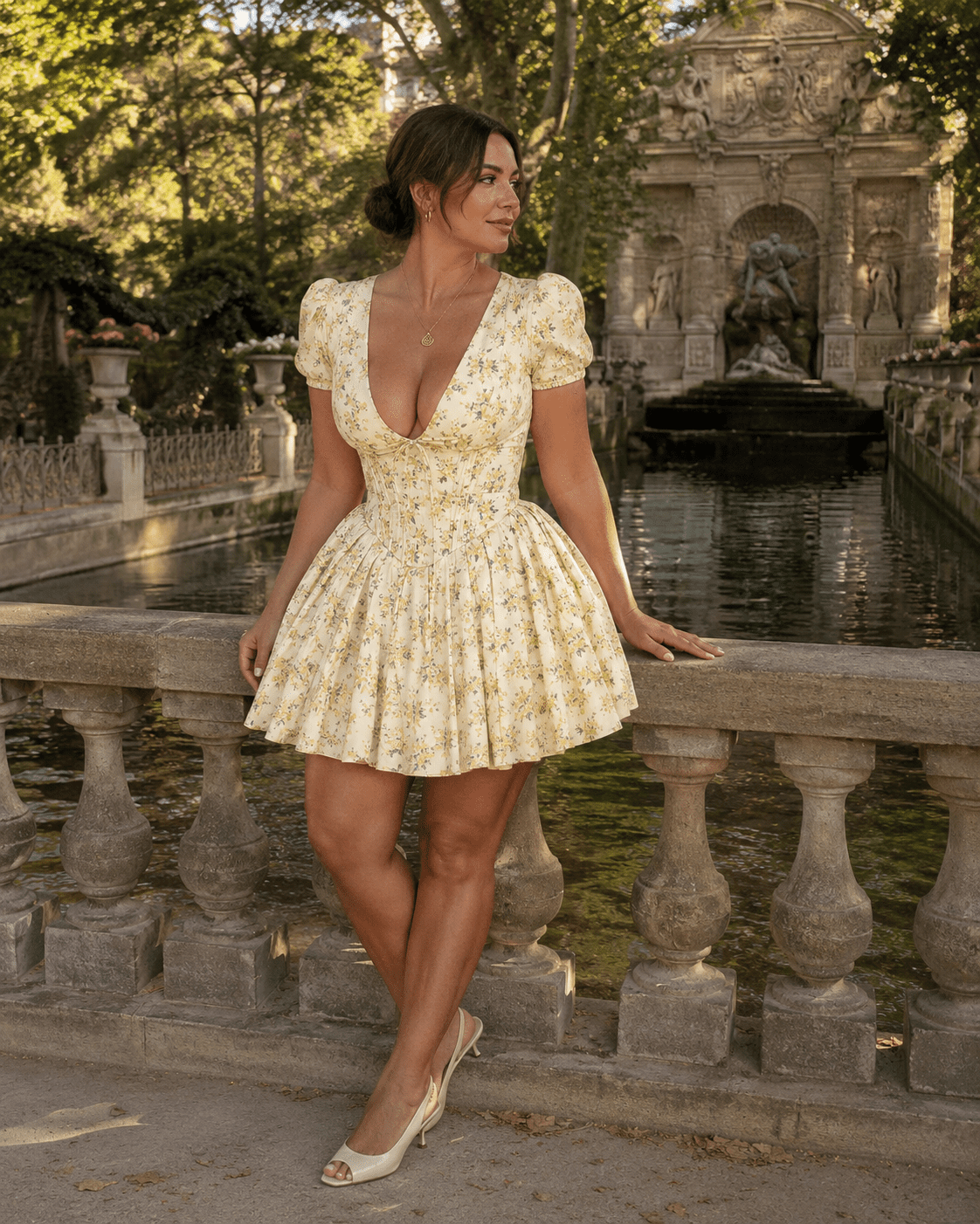 Femme élégante de 45 ans portant une robe patineuse fleurie jaune style corset devant la fontaine de Médicis au Jardin du Luxembourg à Paris pendant la golden hour.