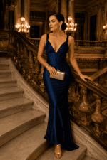 Femme portant une robe sirène maxi bustier satin bleu marine dans le grand escalier du Palais Garnier à Paris