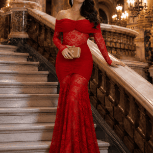 Femme portant une robe longue sirène rouge en dentelle au Palais Garnier avec pochette dorée et escalier de marbre