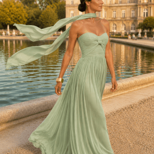 Femme portant une robe de soirée trapèze bustier vert menthe assise au Jardin du Luxembourg devant le bassin central à Paris