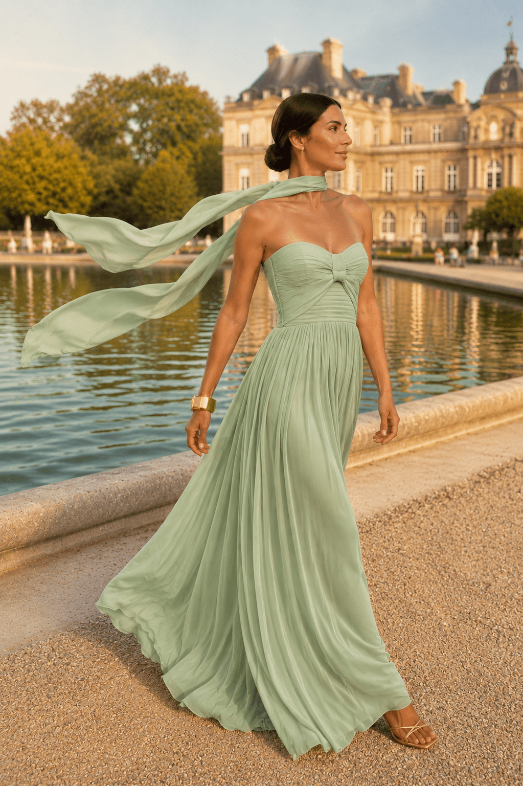 Femme portant une robe de soirée trapèze bustier vert menthe assise au Jardin du Luxembourg devant le bassin central à Paris