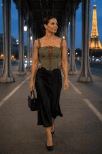 Top corset néo-victorien vert kaki porté au Pont Bir-Hakeim à Paris avec jupe satinée noire et ambiance mode éditoriale blue hour