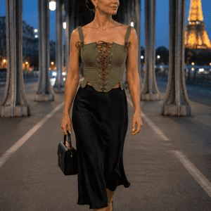 Top corset néo-victorien vert kaki porté au Pont Bir-Hakeim à Paris avec jupe satinée noire et ambiance mode éditoriale blue hour
