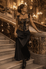 Femme de 45 ans portant un top corset renaissance médiéval noir et or avec une jupe satin noire au Palais Garnier à Paris