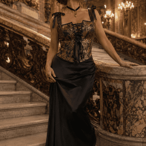 Femme de 45 ans portant un top corset renaissance médiéval noir et or avec une jupe satin noire au Palais Garnier à Paris