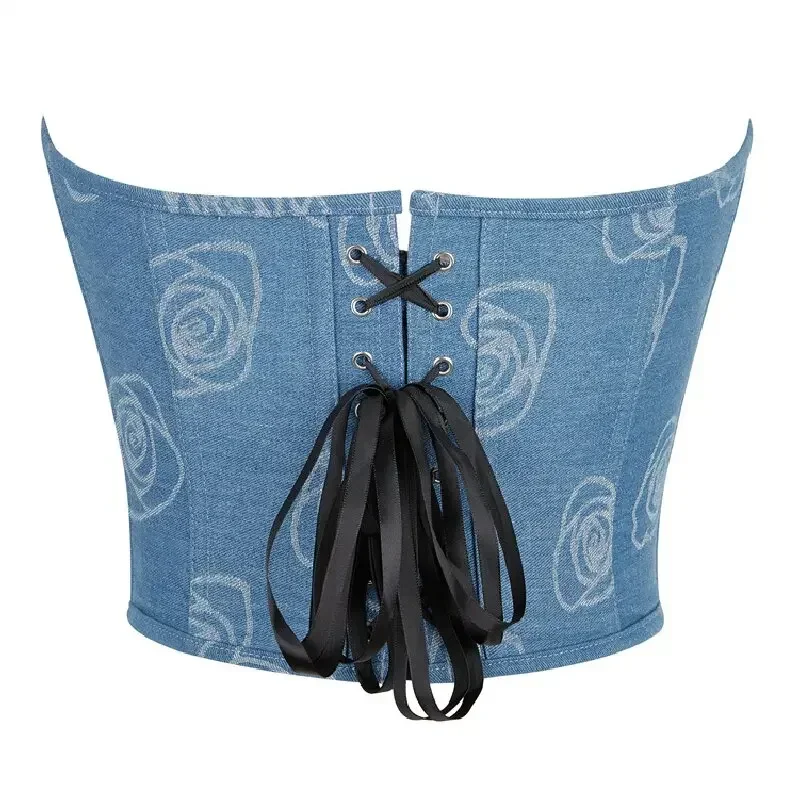 Corset Bustier Jean Bleu Motif de Roses – Image 3