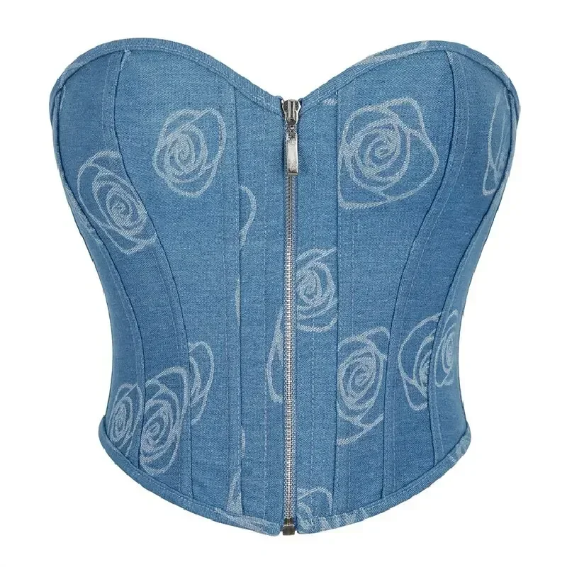 Corset Bustier Jean Bleu Motif de Roses – Image 2
