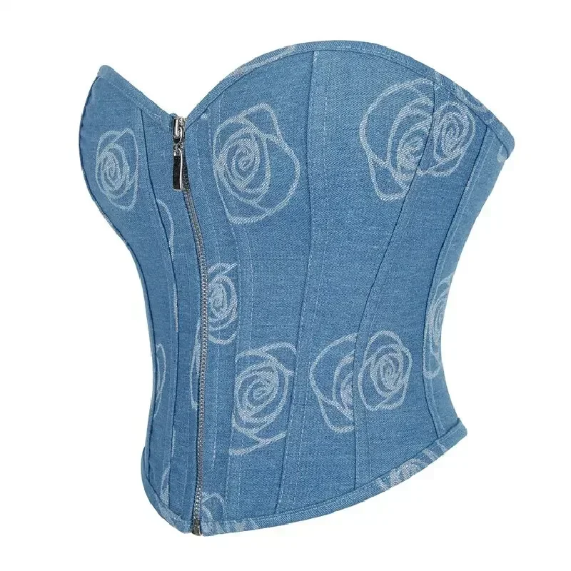 Corset Bustier Jean Bleu Motif de Roses – Image 4