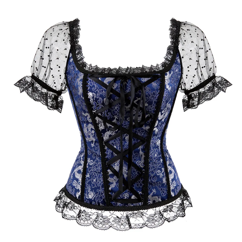 Corset Gothique Bleu Brocart Argenté – Image 2