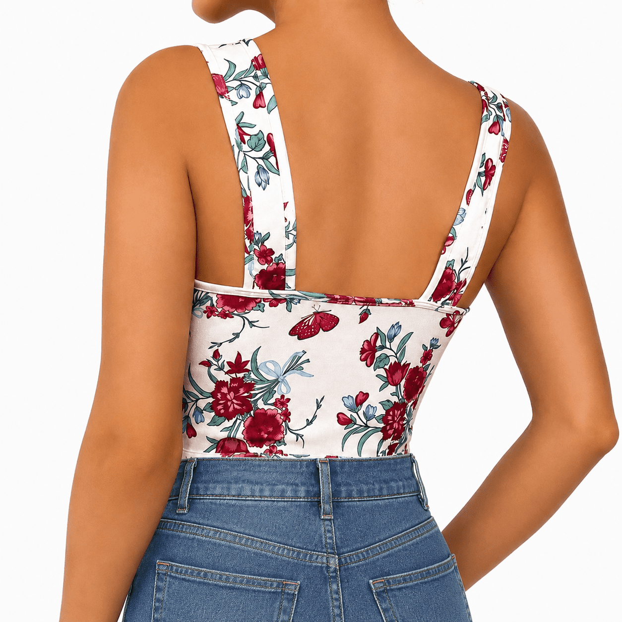 Bustier Corset Blanc et Rouge Fleuri à Lacet – Image 3