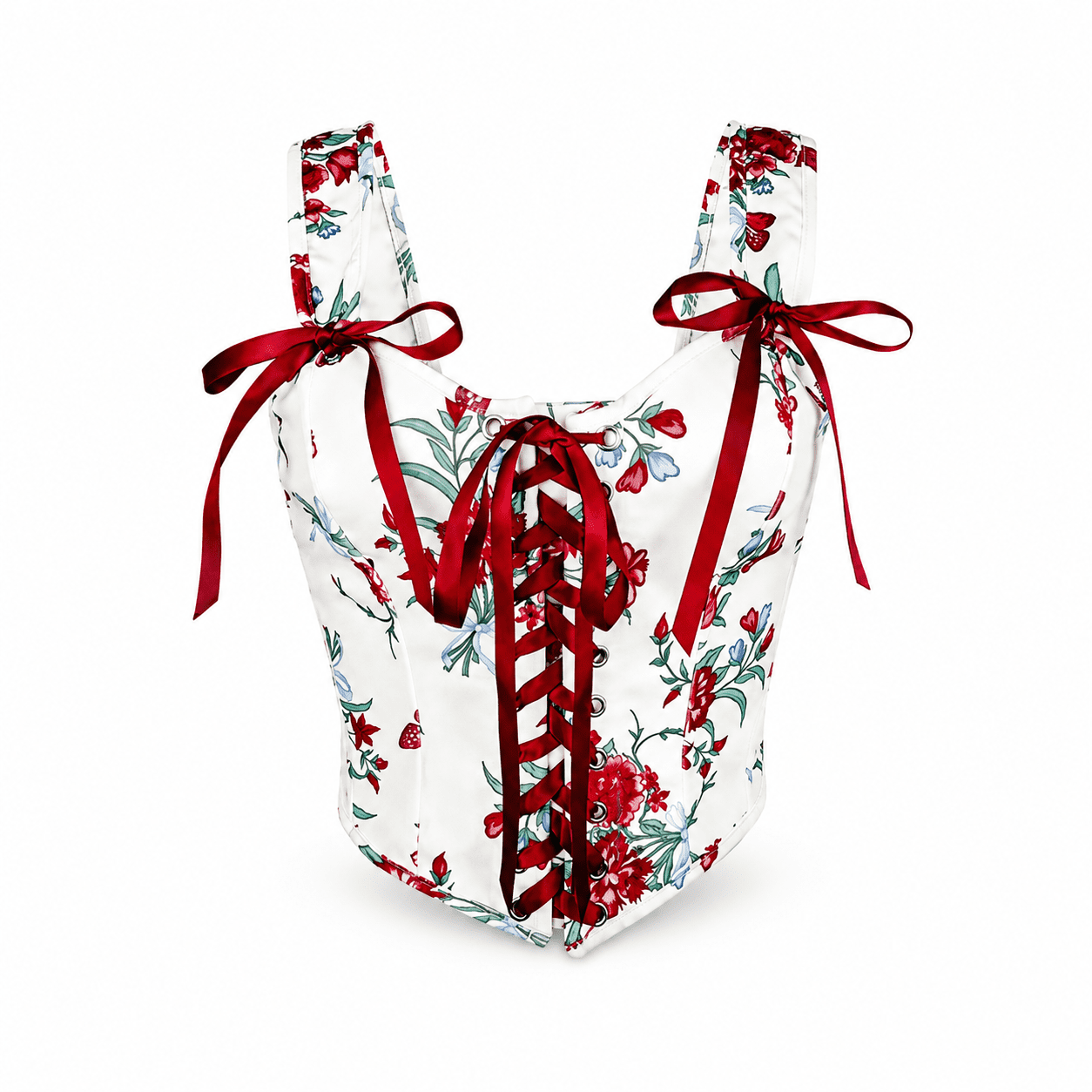 Bustier Corset Blanc et Rouge Fleuri à Lacet – Image 4