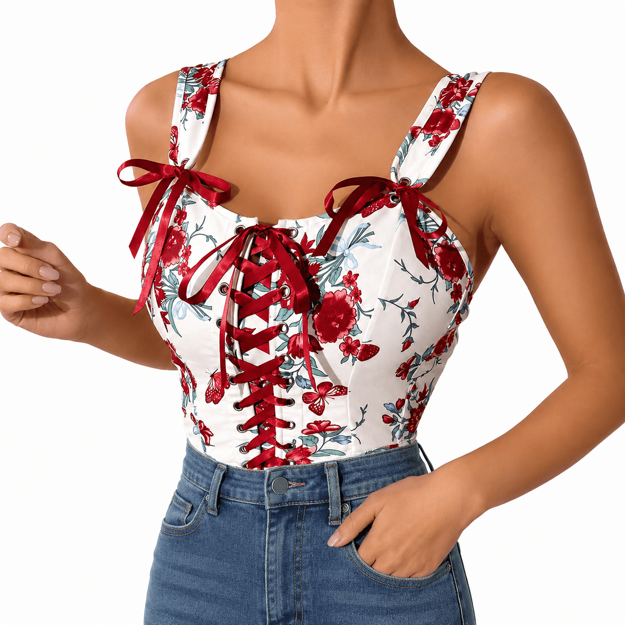 Bustier Corset Blanc et Rouge Fleuri à Lacet – Image 2