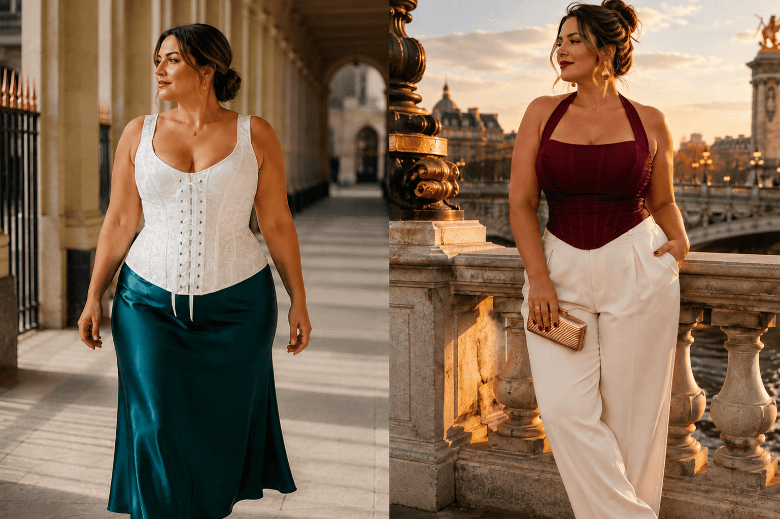 Différence entre un corset blanc structuré et un bustier bordeaux élégant portés par deux femmes grande taille dans un décor parisien