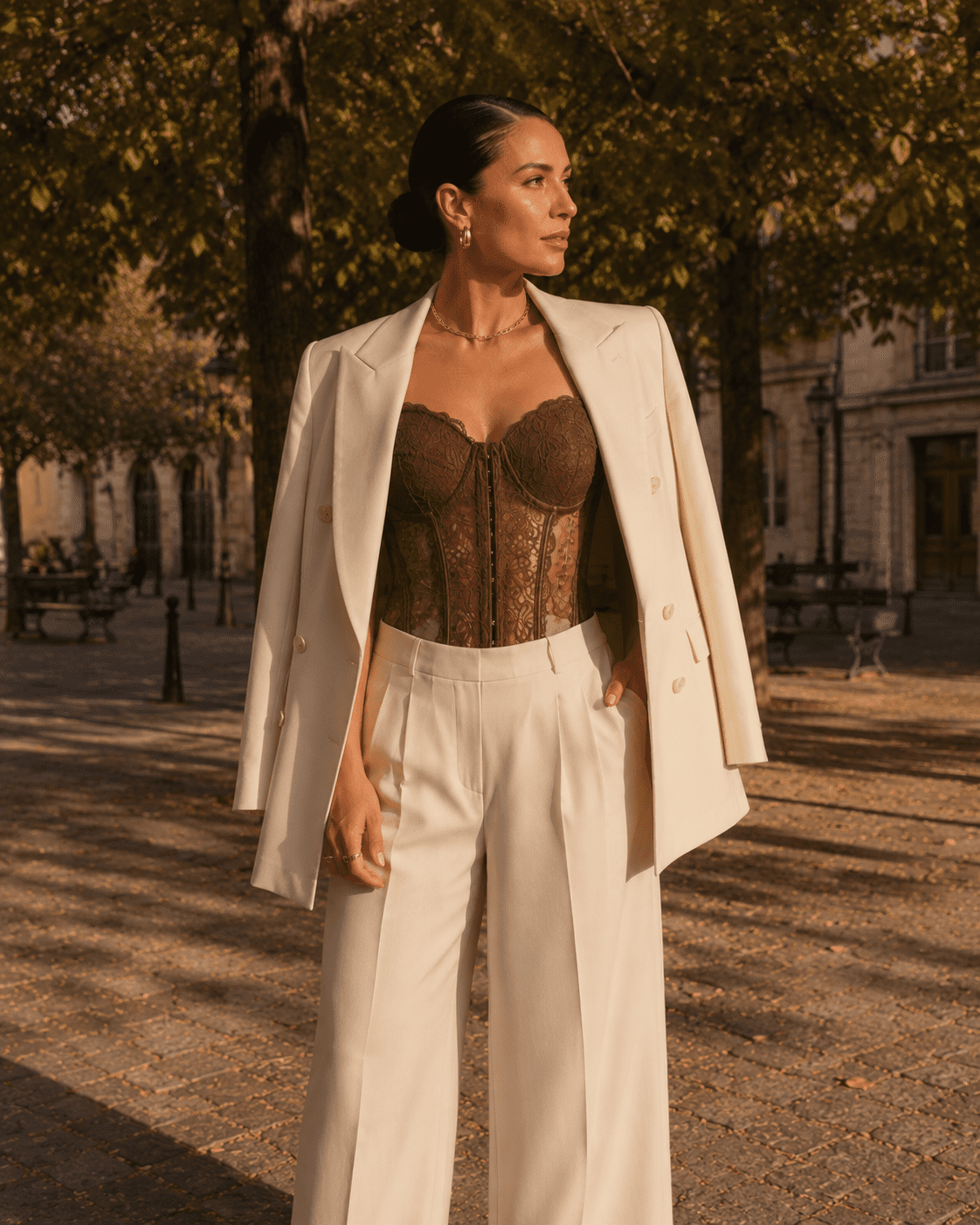 Femme portant un corset bustier marron en dentelle florale avec blazer crème oversize posé sur les épaules à Place Dauphine.