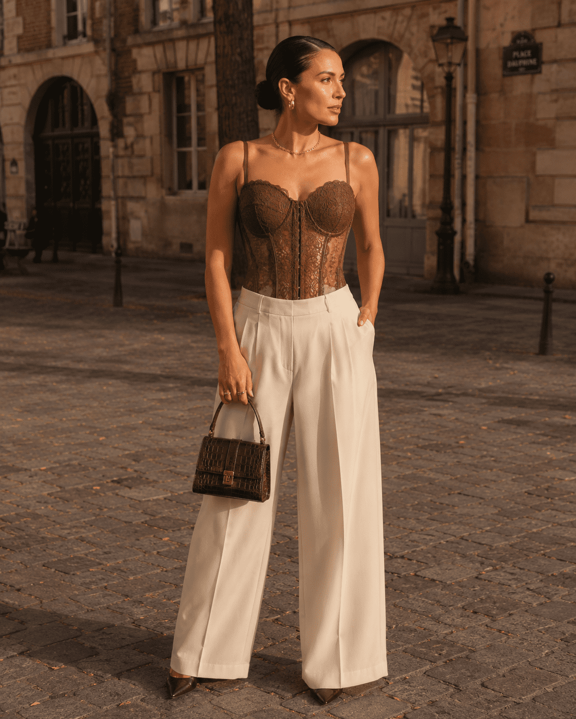 Femme de 40 ans portant un corset bustier marron en dentelle florale avec pantalon tailleur crème à Place Dauphine au coucher du soleil.