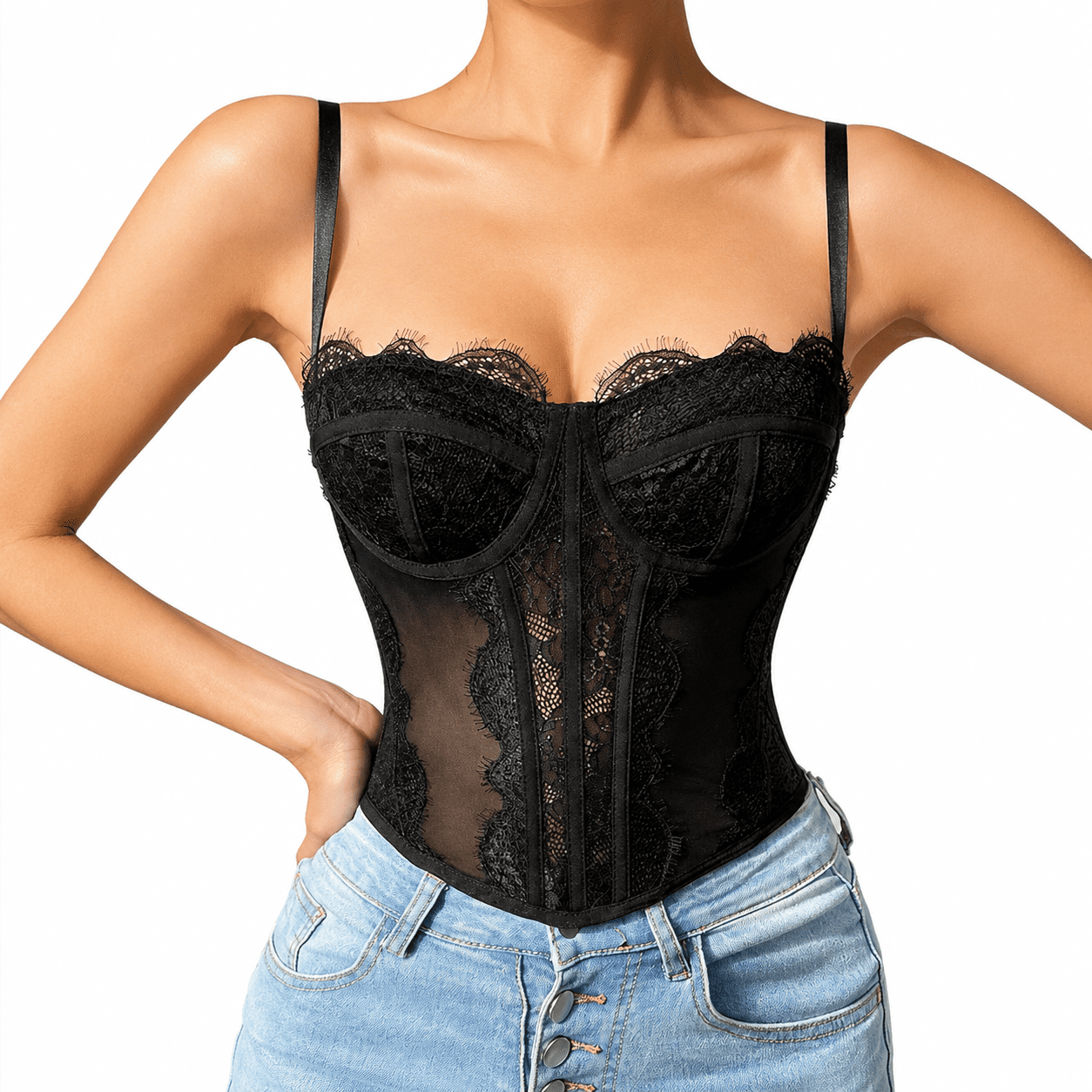 Bustier Corset Noir à Dentelle Transparente