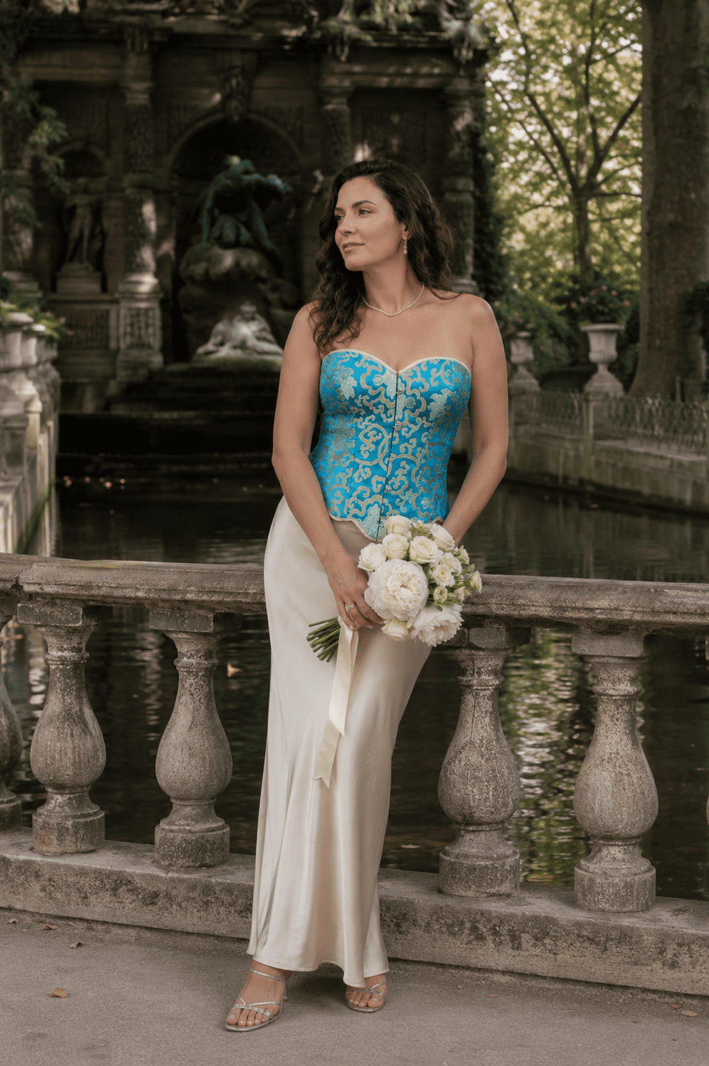 Femme de 45 ans portant un bustier corset court turquoise et or avec une jupe longue satinée crème tenant un bouquet de roses blanches et de pivoines à la fontaine Médicis.