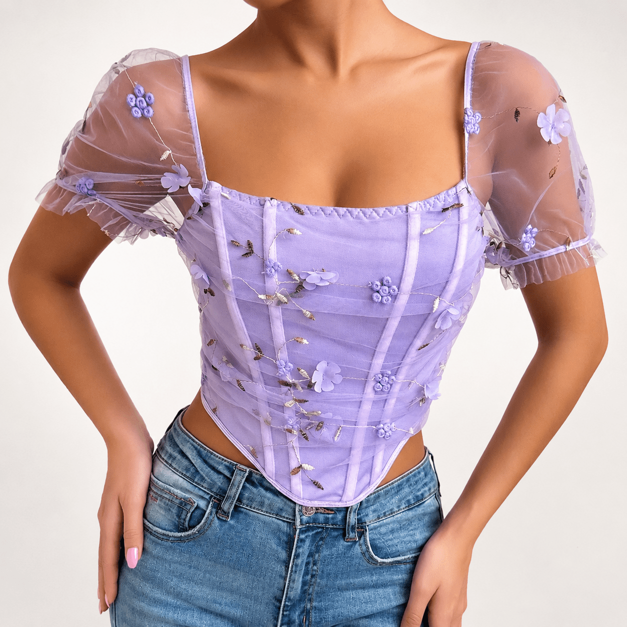 Bustier Lavande Fleuri Manches Transparentes – Image 2