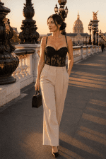 Femme portant un bustier soutien-gorge noir fleuri transparent avec pantalon palazzo écru au Pont Alexandre III à Paris
