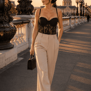 Femme portant un bustier soutien-gorge noir fleuri transparent avec pantalon palazzo écru au Pont Alexandre III à Paris