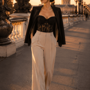 Femme de 40 ans portant un bustier noir en dentelle transparente avec pantalon palazzo beige et blazer noir posé sur les épaules au Pont Alexandre III à Paris.