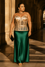 Femme de 40 ans taille 3XL portant un corset bustier transparent beige grande taille avec bonnets satinés champagne, jupe longue satinée vert émeraude et bijoux dorés, photographiée sous les arcades de la Galerie Valois au Palais Royal dans une lumière dorée de fin d'après-midi.