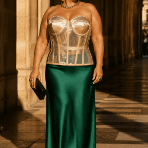 Femme de 40 ans taille 3XL portant un corset bustier transparent beige grande taille avec bonnets satinés champagne, jupe longue satinée vert émeraude et bijoux dorés, photographiée sous les arcades de la Galerie Valois au Palais Royal dans une lumière dorée de fin d'après-midi.