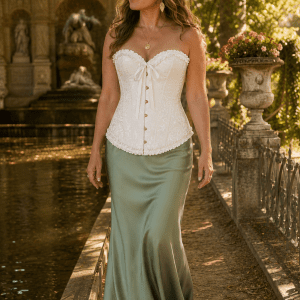Corset bustier blanc style vintage à motifs baroques ton sur ton porté avec une jupe longue vert sauge fluide à la fontaine Médicis à Paris