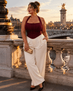 Corset bustier dos nu licou bordeaux porté avec un pantalon de tailleur crème sur le pont Alexandre III à Paris au coucher du soleil.