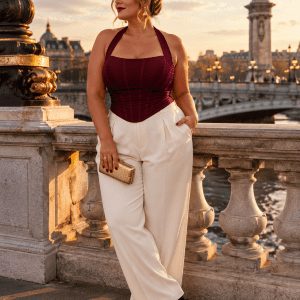 Corset bustier dos nu licou bordeaux porté avec un pantalon de tailleur crème sur le pont Alexandre III à Paris au coucher du soleil.