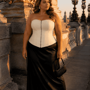 Femme de 40 ans taille 3XL portant un corset blanc crème en similicuir grande taille avec jupe longue en satin noir au pont Alexandre III à Paris.