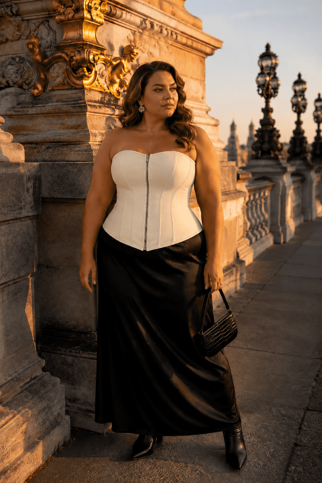Femme de 40 ans taille 3XL portant un corset blanc crème en similicuir grande taille avec jupe longue en satin noir au pont Alexandre III à Paris.