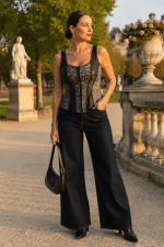 Photo éditoriale de mode réalisée au Jardin des Tuileries à Paris à la golden hour du matin. Le modèle de 45 ans, taille L et silhouette en huit porte un corset bustier gothique gris chamarré avec empiècements en similicuir noir, associé à un jean wide leg bleu brut foncé, des bottines noires à talon bloc et un sac baguette noir en cuir.