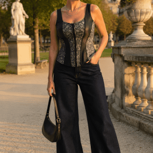 Photo éditoriale de mode réalisée au Jardin des Tuileries à Paris à la golden hour du matin. Le modèle de 45 ans, taille L et silhouette en huit porte un corset bustier gothique gris chamarré avec empiècements en similicuir noir, associé à un jean wide leg bleu brut foncé, des bottines noires à talon bloc et un sac baguette noir en cuir.