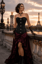 Femme de 45 ans portant un corset bustier gothique noir vintage en brocart au Pont Alexandre III à Paris au coucher du soleil, associé à une jupe asymétrique bordeaux en satin duchesse et des bottines victoriennes noires.