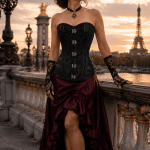 Femme de 45 ans portant un corset bustier gothique noir vintage en brocart au Pont Alexandre III à Paris au coucher du soleil, associé à une jupe asymétrique bordeaux en satin duchesse et des bottines victoriennes noires.