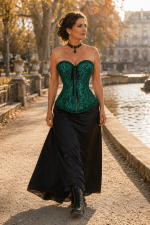Femme de 45 ans portant un corset bustier gothique romantique vert emeraude en brocart floral avec une longue jupe noire en satin, marchant le long du bassin de la fontaine de Médicis à Paris à la lumière dorée du matin.