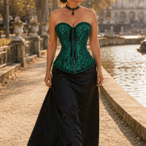 Femme de 45 ans portant un corset bustier gothique romantique vert emeraude en brocart floral avec une longue jupe noire en satin, marchant le long du bassin de la fontaine de Médicis à Paris à la lumière dorée du matin.