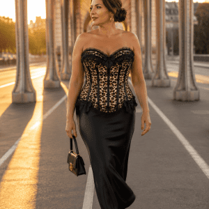 Femme de 45 ans portant un corset bustier imprimé léopard vintage avec jupe longue noire en satin au Pont Bir-Hakeim à Paris.