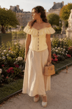 corset bustier victorien jaune pastel à volants en tulle porté avec une longue jupe en lin écrue dans les allées fleuries du jardin du Luxembourg à Paris sous la lumière dorée du matin