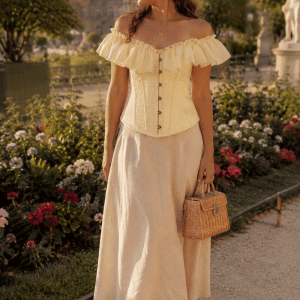corset bustier victorien jaune pastel à volants en tulle porté avec une longue jupe en lin écrue dans les allées fleuries du jardin du Luxembourg à Paris sous la lumière dorée du matin