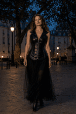 femme de 40 ans portant un corset bustier long noir en simili cuir style steampunk gothique avec jupe longue en tulle noir, photographiée en marche à la place Dauphine à Paris pendant la blue hour