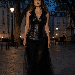 femme de 40 ans portant un corset bustier long noir en simili cuir style steampunk gothique avec jupe longue en tulle noir, photographiée en marche à la place Dauphine à Paris pendant la blue hour