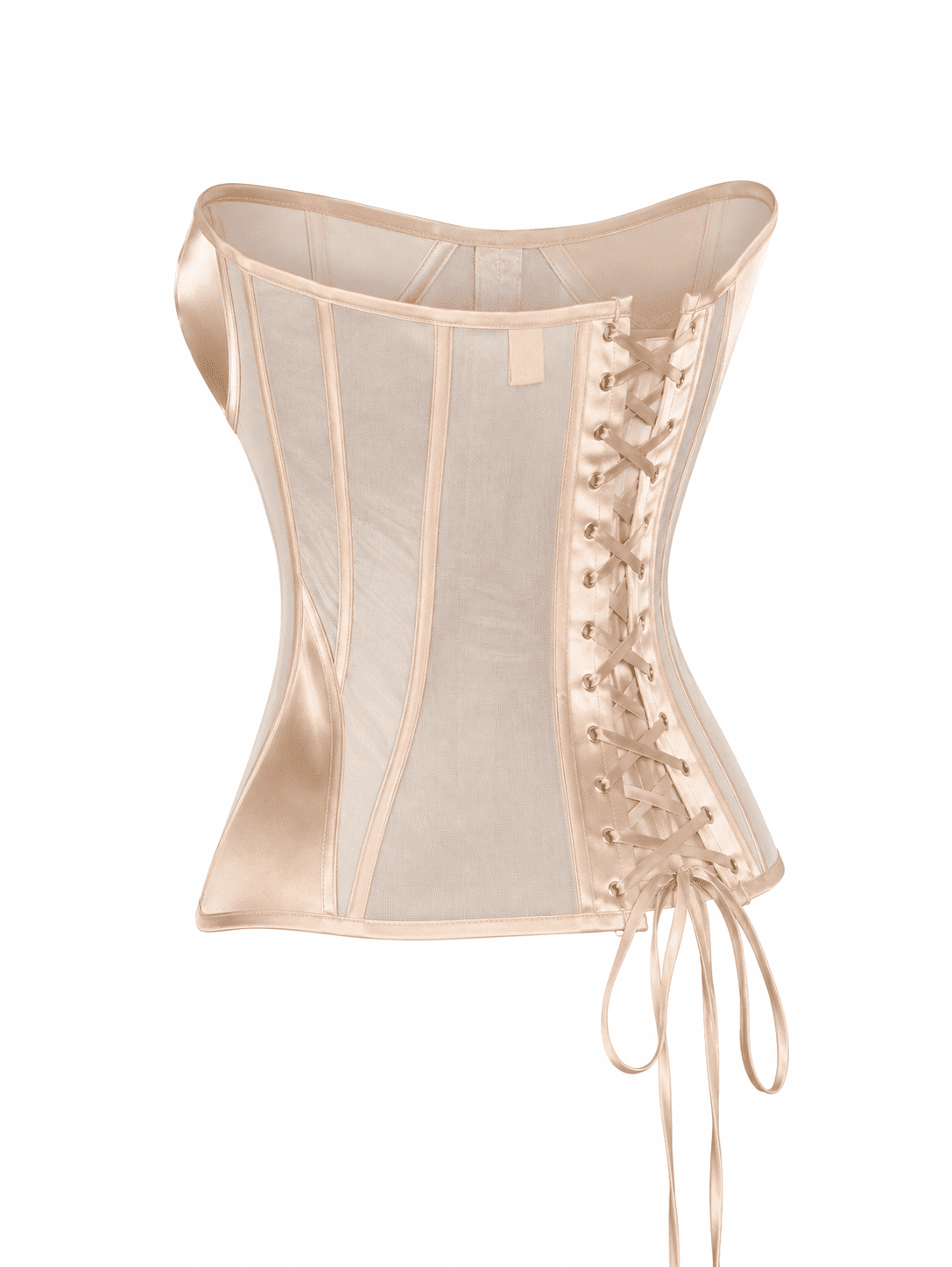 Corset Bustier Long en Satin et Mesh Beige – Image 3