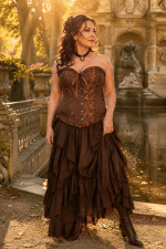 Corset bustier marron brocart vintage porté par un modèle femme de 45 ans à la fontaine de Médicis à Paris, avec une longue jupe à volants marron chocolat, dans une ambiance éditoriale à la golden hour.