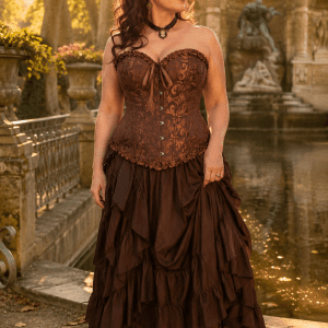 Corset bustier marron brocart vintage porté par un modèle femme de 45 ans à la fontaine de Médicis à Paris, avec une longue jupe à volants marron chocolat, dans une ambiance éditoriale à la golden hour.
