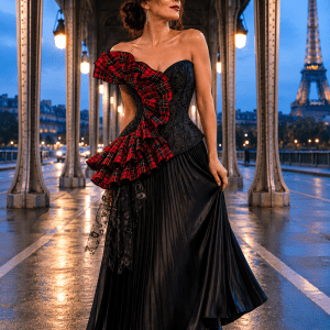Femme de 40 ans portant un corset bustier noir drapé style tartan rouge avec jupe longue plissée noire au Pont Bir-Hakeim à Paris à l'heure bleue.