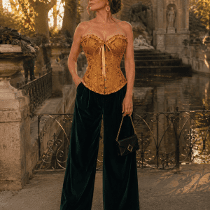 Corset bustier or vieilli style vintage en brocart floral satiné avec volants froncés, nœud décoratif et fermeture à buscs à l’avant.