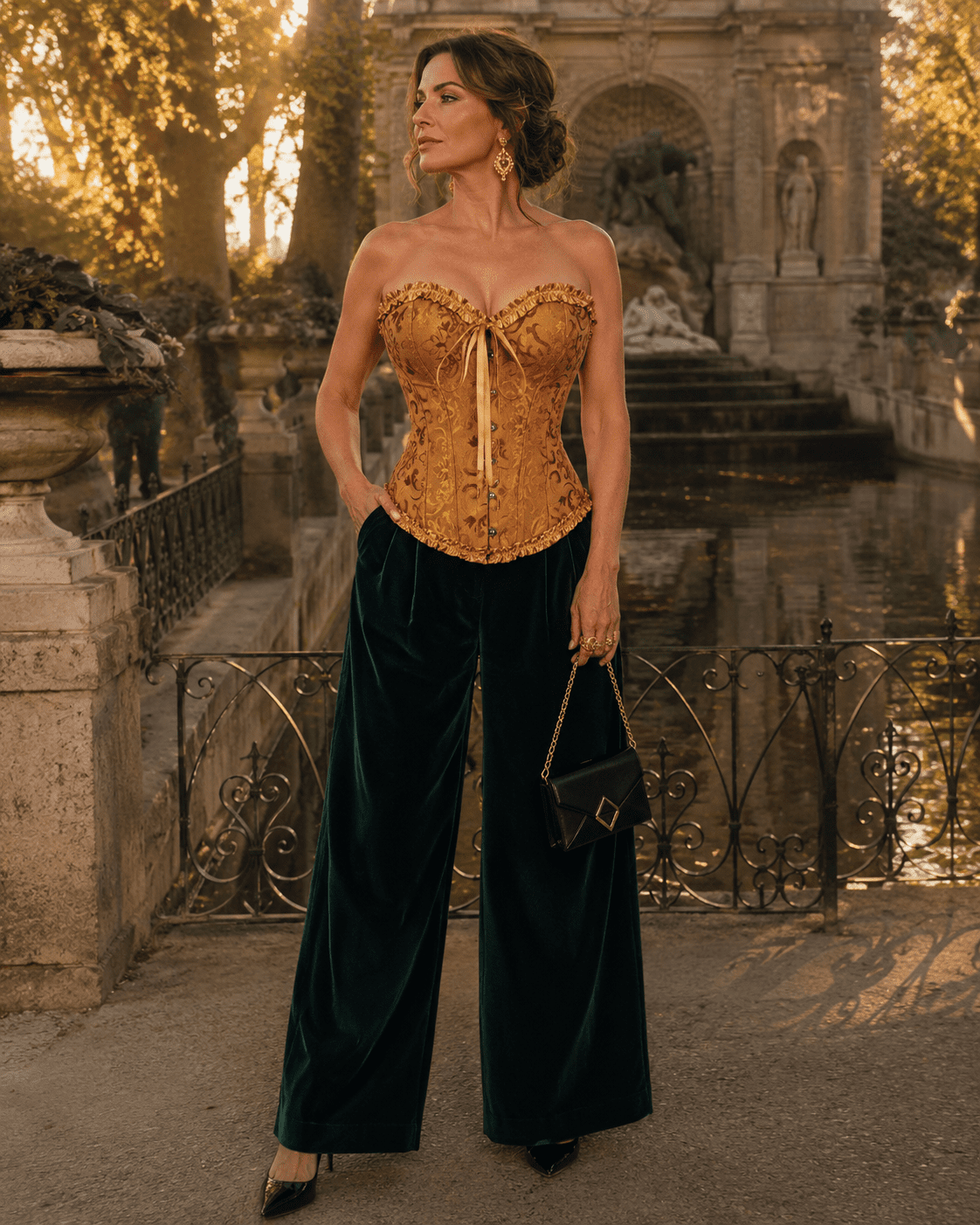 Corset bustier or vieilli style vintage en brocart floral satiné avec volants froncés, nœud décoratif et fermeture à buscs à l’avant.